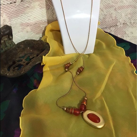 Vintage Necklace & Earrings Set Goldtone & Red Oval Beaded Necklace & Earrings - Picture 9 of 16